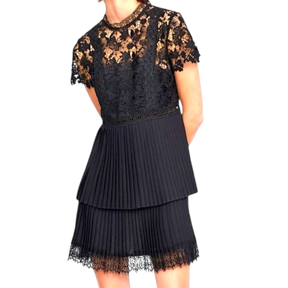 Zara party mini dress black lace bodice pleated skirt short sleeve small EUC - Picture 5 of 16